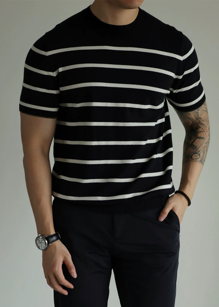 Black Striped Cozy Knit Casual Clothing Men T Shirt O Neck