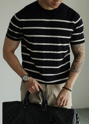Black Striped Cozy Knit Casual Clothing Men T Shirt O Neck