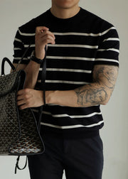 Black Striped Cozy Knit Casual Clothing Men T Shirt O Neck