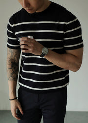 Black Striped Cozy Knit Casual Clothing Men T Shirt O Neck