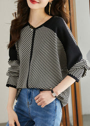 Black Striped Knit Shirt Oversized Batwing Sleeve