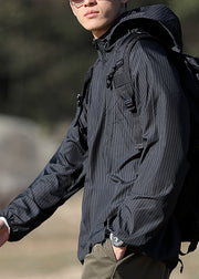 Black Striped Zippered Thin Ice Silk Men Coat Hooded