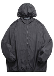 Black Striped Zippered Thin Ice Silk Men Coat Hooded