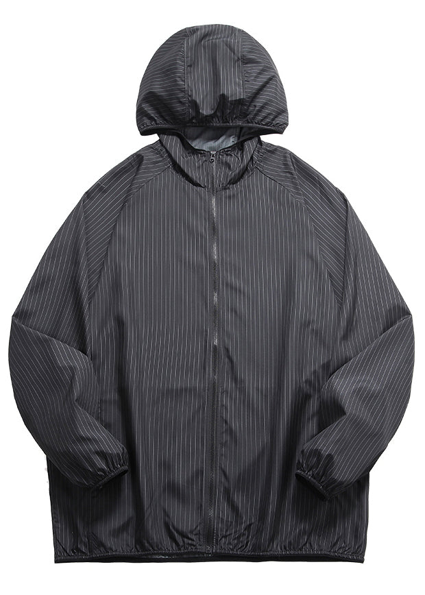 Black Striped Zippered Thin Ice Silk Men Coat Hooded