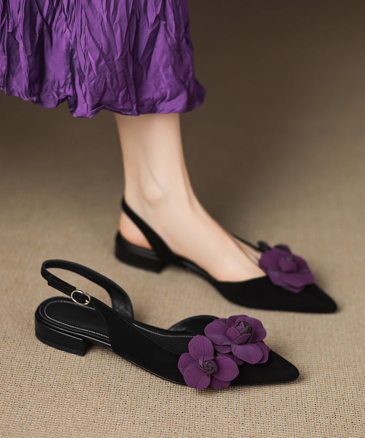 Black Suede Fitted Floral Splicing Sandals Pointed Toe