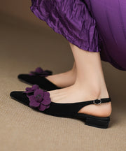 Black Suede Fitted Floral Splicing Sandals Pointed Toe