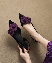 Black Suede Fitted Floral Splicing Sandals Pointed Toe
