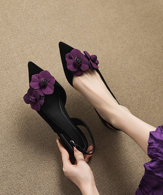 Black Suede Fitted Floral Splicing Sandals Pointed Toe
