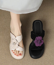 Black Suede Floral Splicing Slide Sandals Peep Toe