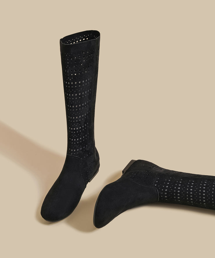 Black Suede Hollow Out Splicing Fashion Boots