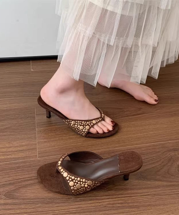 Black Suede Rivet Splicing High Heel Flip Flops
