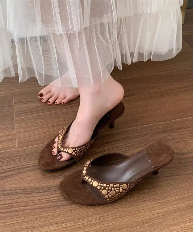 Black Suede Rivet Splicing High Heel Flip Flops
