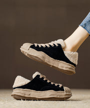 Black Suede Splicing Lace Up Flats Fuzzy Wool Lined