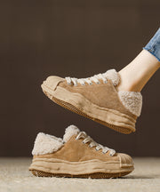 Black Suede Splicing Lace Up Flats Fuzzy Wool Lined