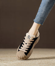 Black Suede Splicing Lace Up Flats Fuzzy Wool Lined