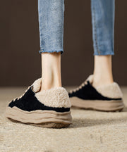 Black Suede Splicing Lace Up Flats Fuzzy Wool Lined