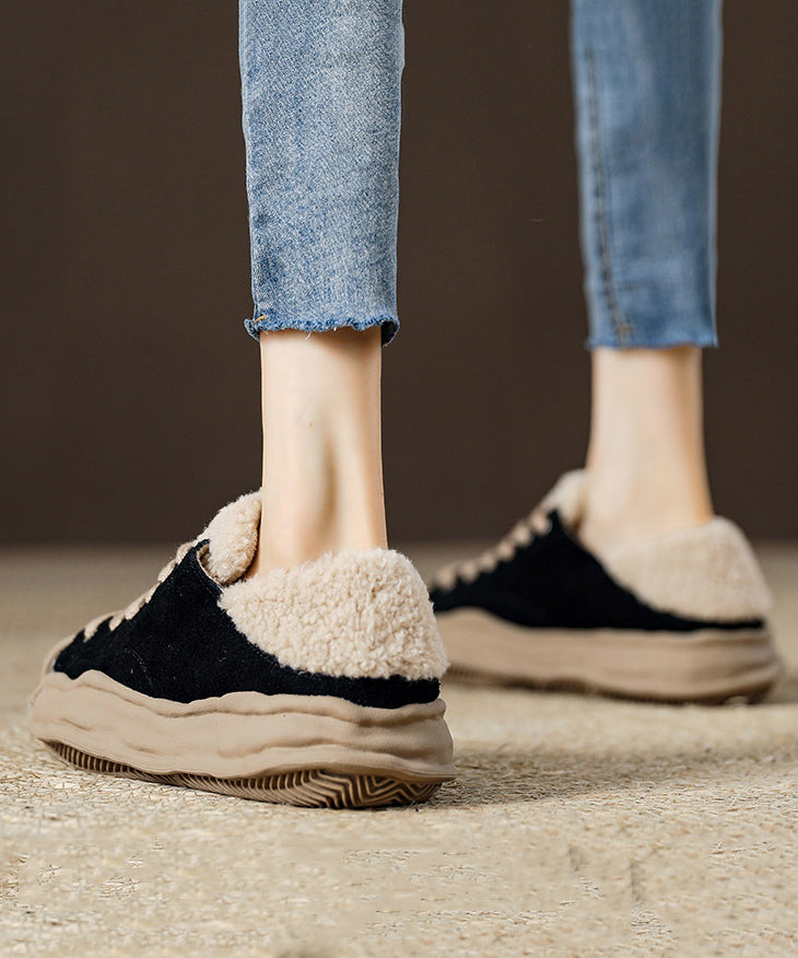 Black Suede Splicing Lace Up Flats Fuzzy Wool Lined