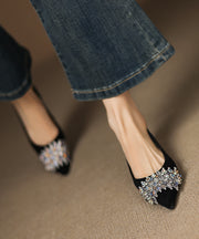 Black Suede Unique Splicing Flats Pointed Toe Zircon