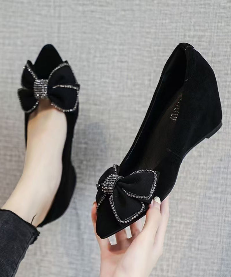 Black Suede Wedge Heel Penny Loafers Splicing Bow
