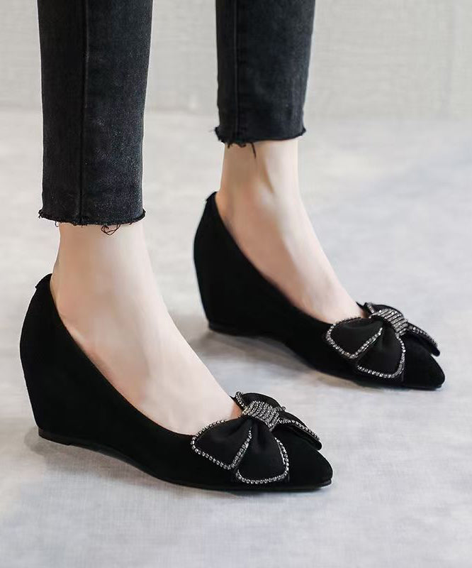 Black Suede Wedge Heel Penny Loafers Splicing Bow