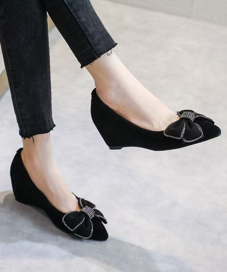 Black Suede Wedge Heel Penny Loafers Splicing Bow