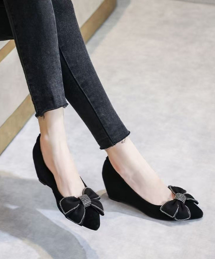 Black Suede Wedge Heel Penny Loafers Splicing Bow
