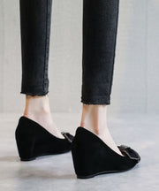 Black Suede Wedge Heel Penny Loafers Splicing Bow