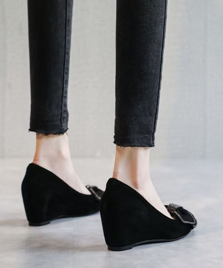 Black Suede Wedge Heel Penny Loafers Splicing Bow