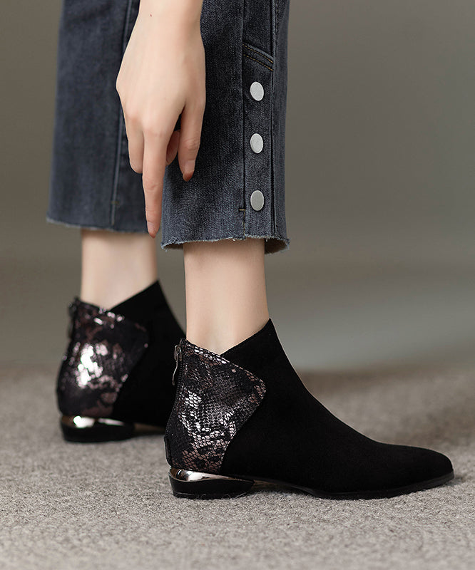 Black Suede Zippered Splicing Ankle Boots Pointed Toe