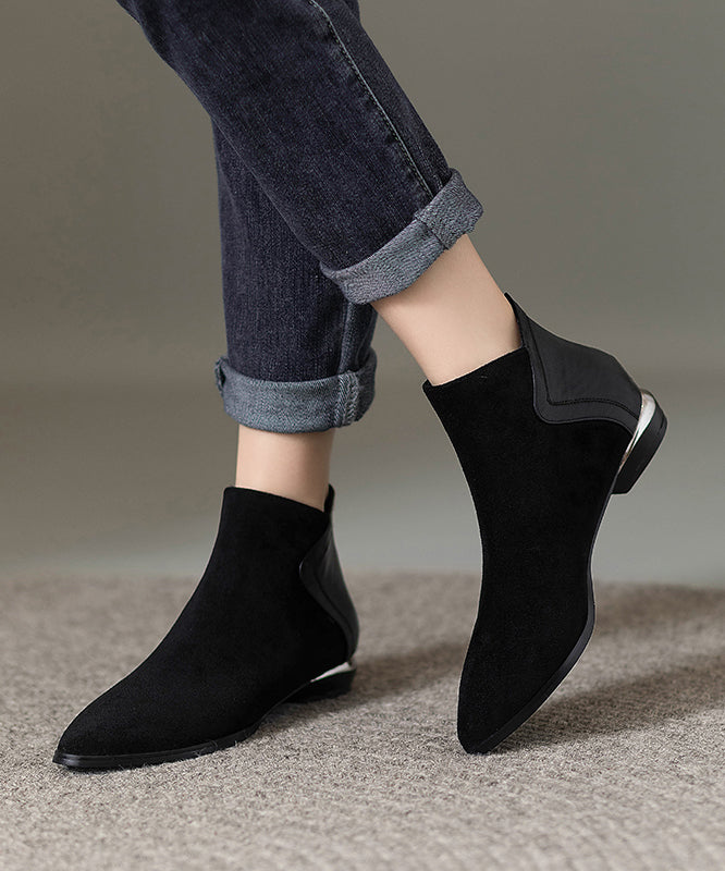 Black Suede Zippered Splicing Ankle Boots Pointed Toe