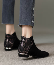 Black Suede Zippered Splicing Ankle Boots Pointed Toe