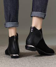 Black Suede Zippered Splicing Ankle Boots Pointed Toe