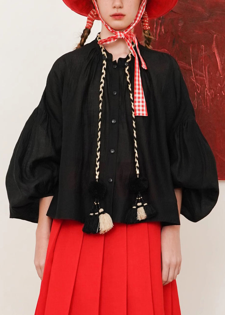 Black Tasseled Cotton Shirts Button Lantern Sleeve