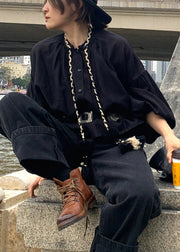 Black Tasseled Cotton Shirts Button Lantern Sleeve