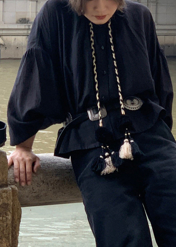 Black Tasseled Cotton Shirts Button Lantern Sleeve