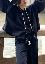 Black Tasseled Cotton Shirts Button Lantern Sleeve