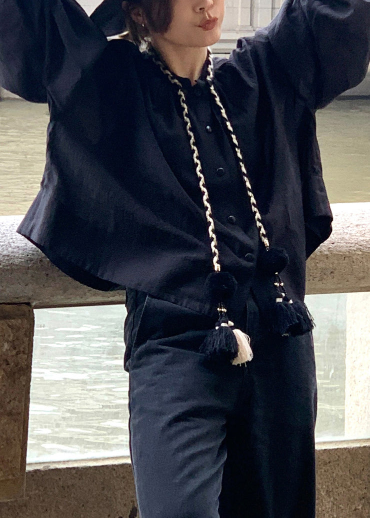 Black Tasseled Cotton Shirts Button Lantern Sleeve