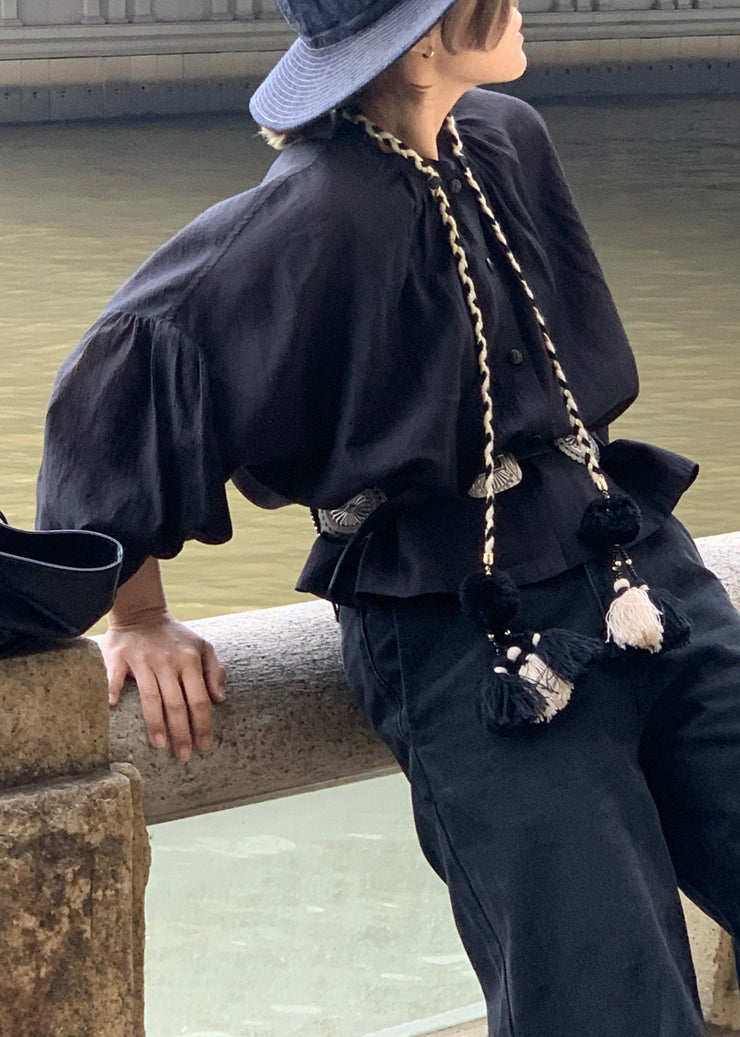 Black Tasseled Cotton Shirts Button Lantern Sleeve
