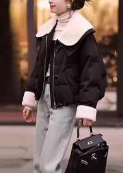 Black Thick Teddy Fine Cotton Filled Coats Drawstring Winter