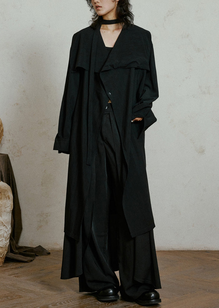 Black Tie Waist Long Trench Coats Fall
