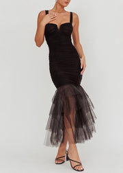 Black Tulle Patchwork Spaghetti Strap Dress Wrinkled Summer