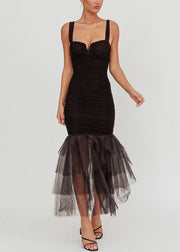 Black Tulle Patchwork Spaghetti Strap Dress Wrinkled Summer