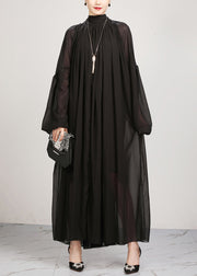 Black Turtleneck Chiffon Maxi Dresses Lantern Sleeve
