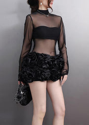 Black Turtleneck Floral Tulle Mid Dress Long Sleeve