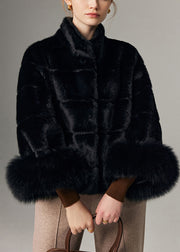 Black Warm Fox Fur Patchwork Mink Velvet Coats Stand Collar Winter