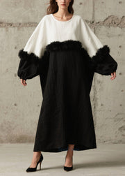 Black White Patchwork Faux Fur Robe Dresses Oversized Batwing Sleeve