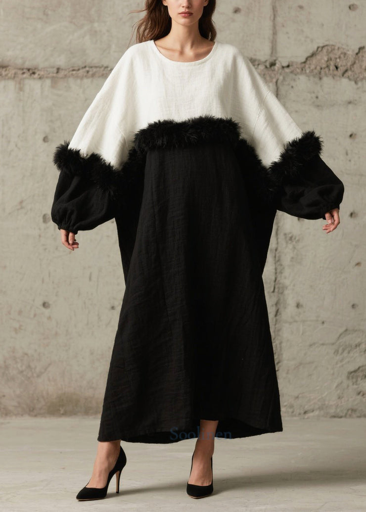 Black White Patchwork Faux Fur Robe Dresses Oversized Batwing Sleeve