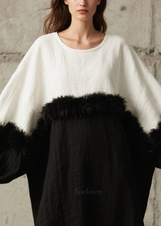Black White Patchwork Faux Fur Robe Dresses Oversized Batwing Sleeve