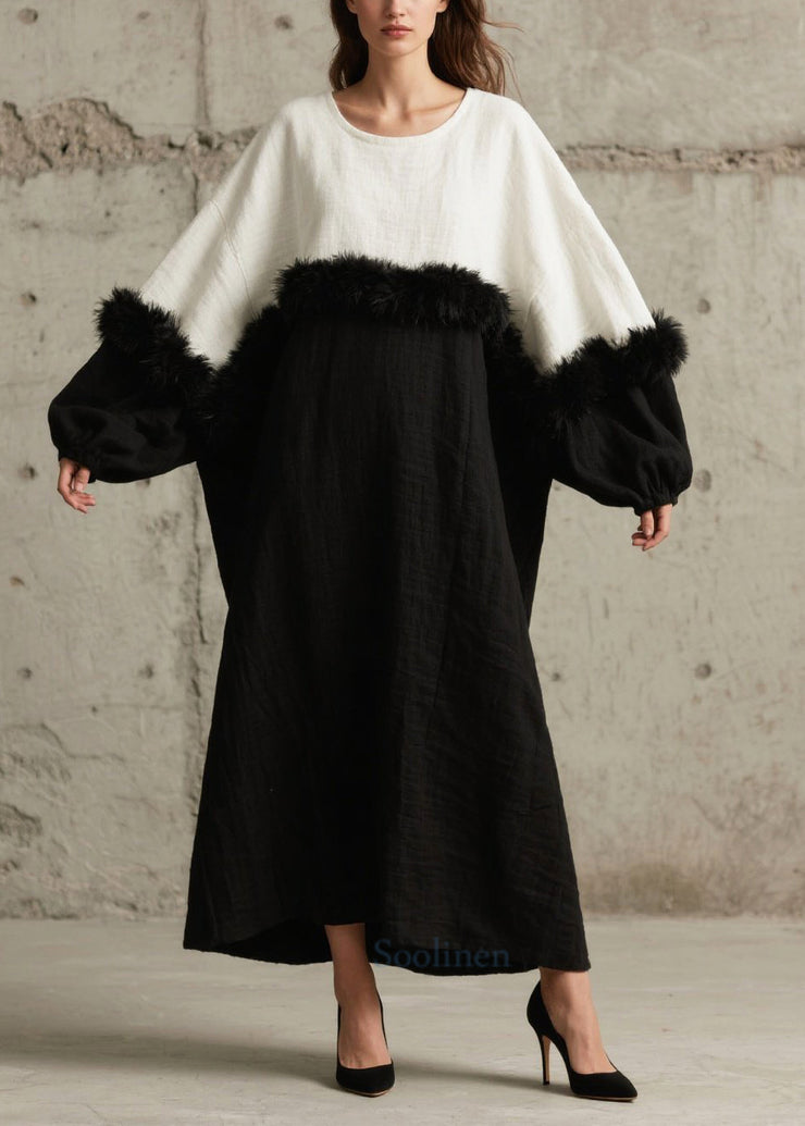 Black White Patchwork Faux Fur Robe Dresses Oversized Batwing Sleeve