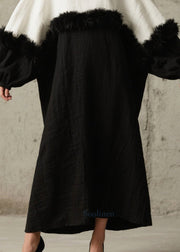 Black White Patchwork Faux Fur Robe Dresses Oversized Batwing Sleeve